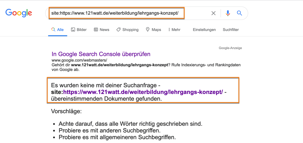 So überprüfst du mit dem Google site: Befehl, ob deine URL im Index von Google zu finden ist?