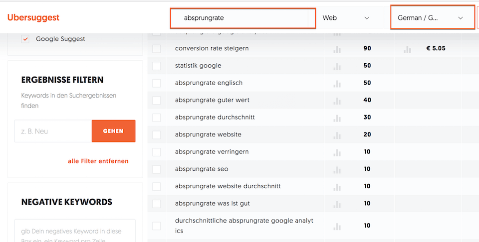 Keywordtools zur Identifikation von Longatilsuchbegriffen - Beispiel Ubersuggest