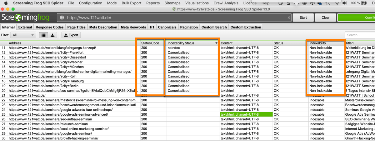 Regelmässige SEO-Audits im Screamingfrog in Hinsicht auf Indexierungsstatus, HTTP Statuscodes