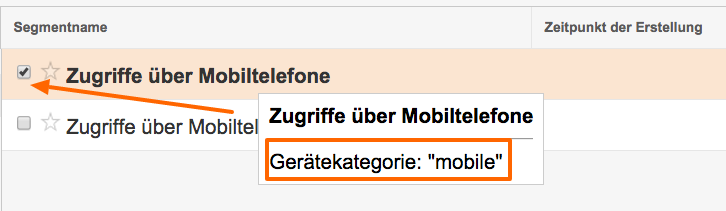 Google Analytics Systemsegment mit Gerätekategorie "mobile"