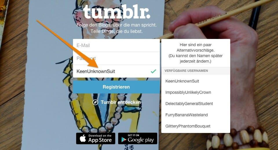 Vorschläge für den Username beim tumblr-Signup