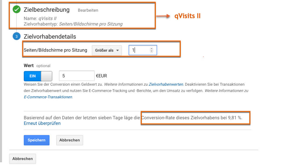 qVisits als Zieldefinition in Google Analytics