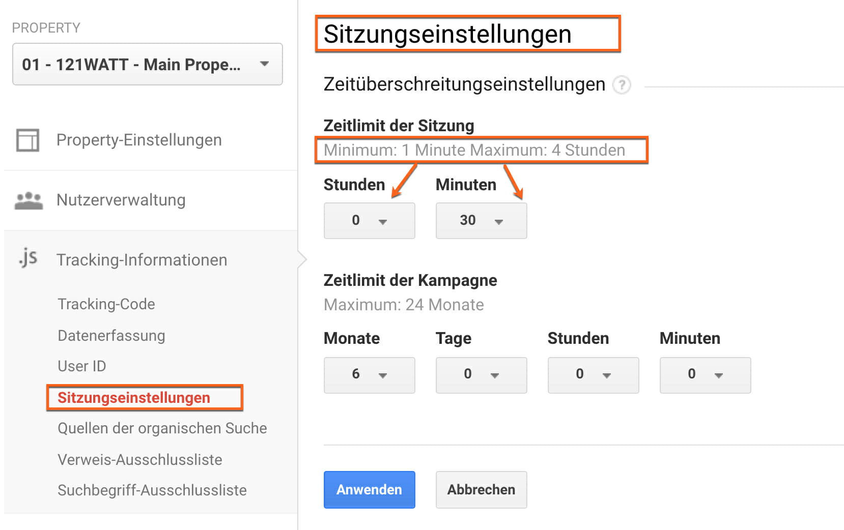 Einstellungen für die Sitzung in Google Analytics auf Propertyebene anpassen