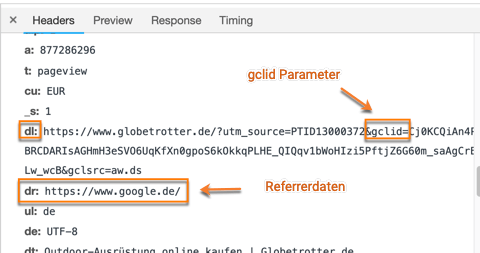 Google Ads gclid Parameter über die Google Chrome Entwicklertools überprüfen