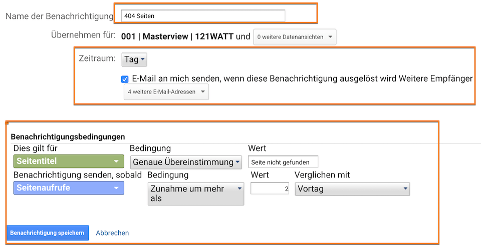 404 Fehler als Benutzerdefinierte Benachrichtigungen in Google Analytics