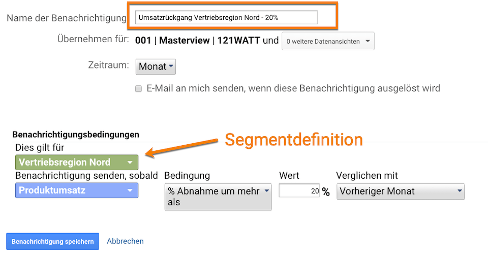 Benutzerdfinierte Benachrichtigung in Google Analytics zu Umsatzrückgang nach Vertriebsregion