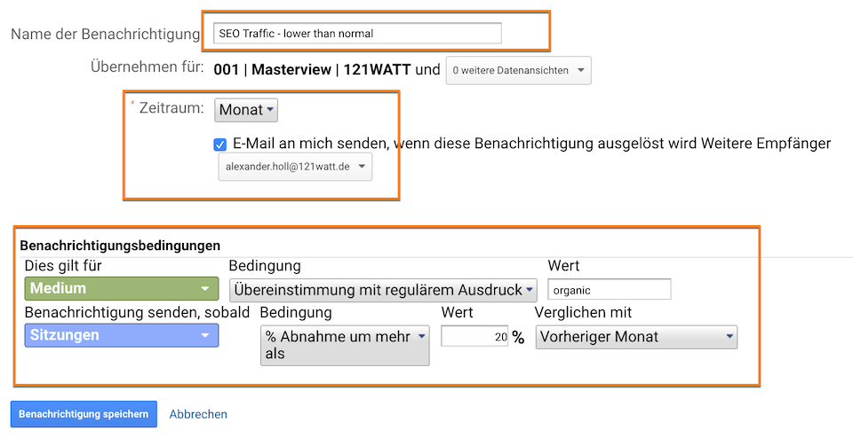 SEO - Benuutzerdefinierte Benachrichtigung bei Abnahme der SEO-Sitzungen um mehr als 20% im Vergleich zum Vormonat