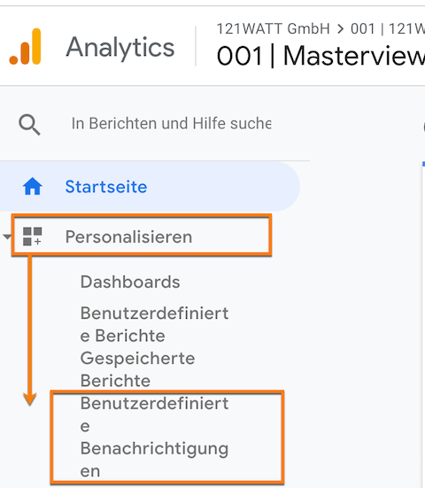 Hier finden sich die benutzerdefinierten Benachrichtigungen in Google Analytics