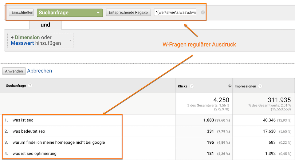 W-Fragen für featured Snippets in Google Analytics mit regulären Ausdrücken analysieren