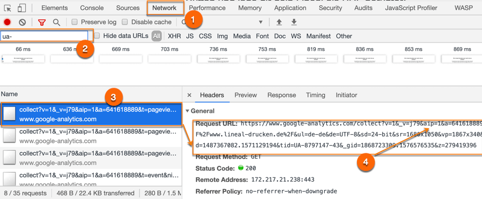 Mit den Chrome Entwicklertools die Einbindung des Google Analytics Trackingcodes überprüfen