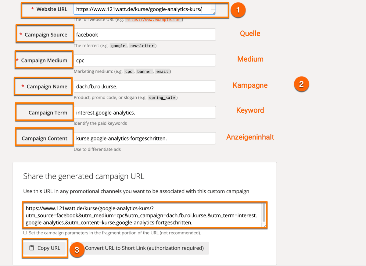 Der Campaign URL Builder zur Definiton von UTM-Parametern