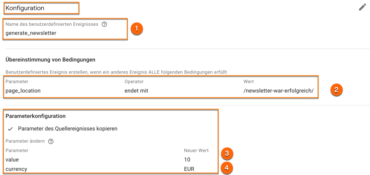 Definition eines benutzerdefinierten Ereignisses am Beispiel einer Newsletter Anmeldung in Google Analytics 4 (GA4)