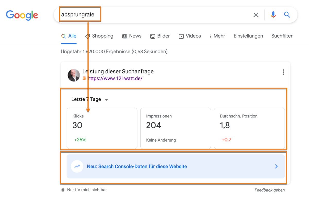 Search Console Daten zur gesamten Leistung und zu einzelnen Suchnanfragen direkt in den SERPS