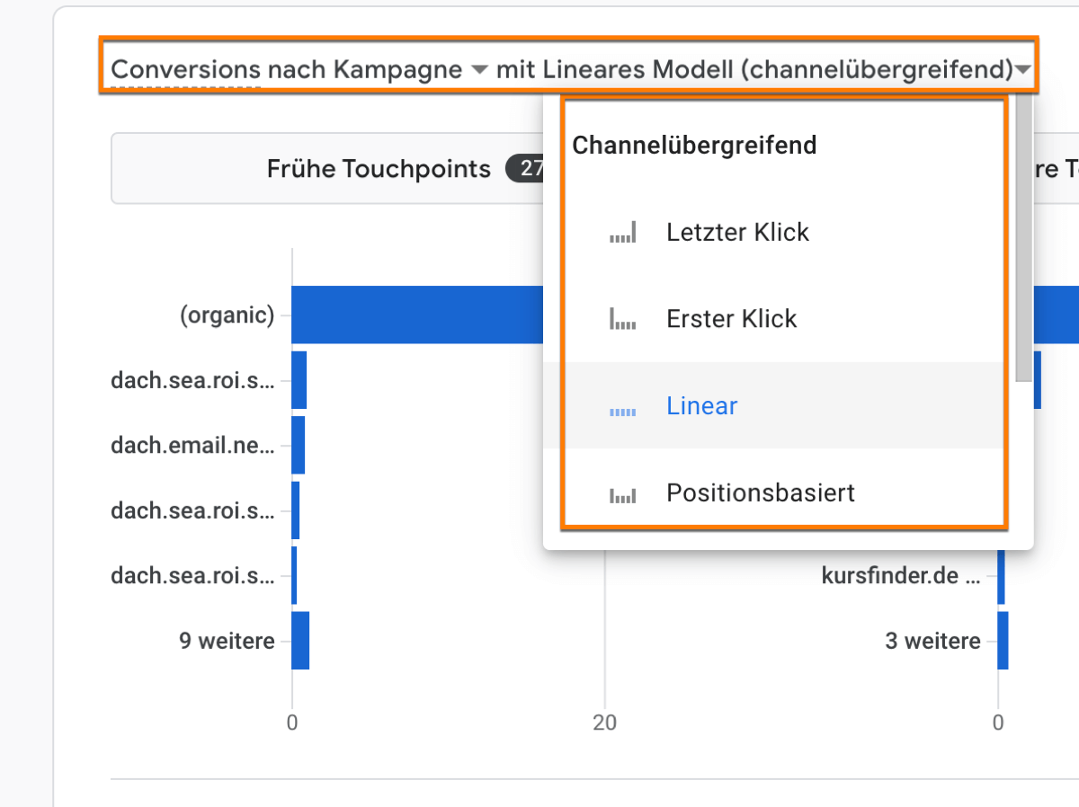 Das neue Google Analytics 4 (GA4) Modellvergleichstool mit den verschiedenen Attributionsmodellen