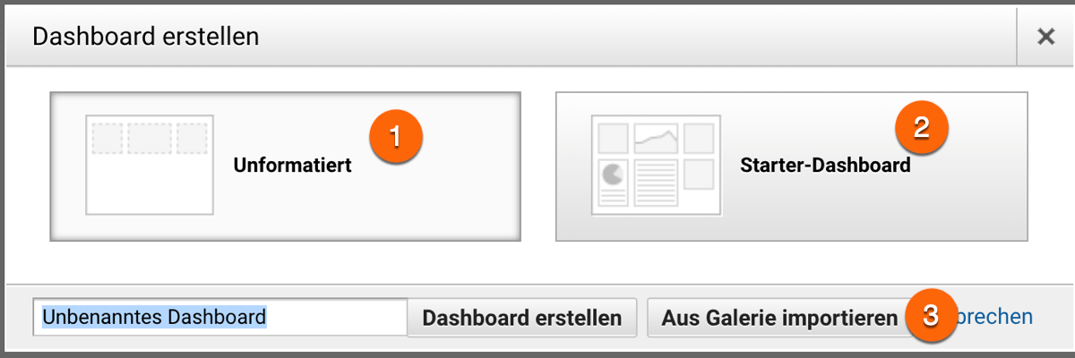 Optionen bei der Erstellung von Dashboards in Google Analytics