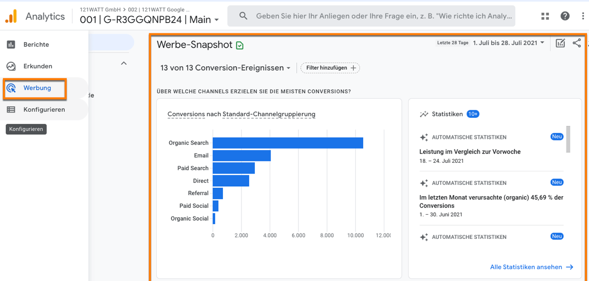 Der Bericht Werbung in Google Analytics 4