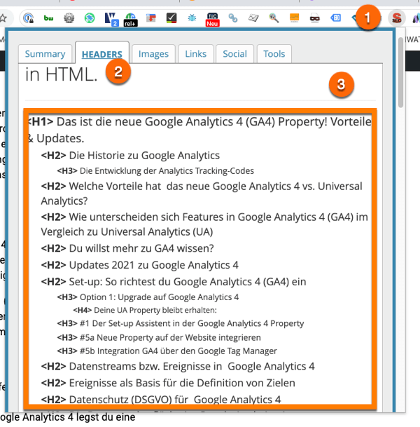 Analyse von Überschriften mit SEO Meta in 1 Click