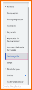 Hier findest du Negative Keywords in Google Ads: Keywords > Auszuschließende Keywords