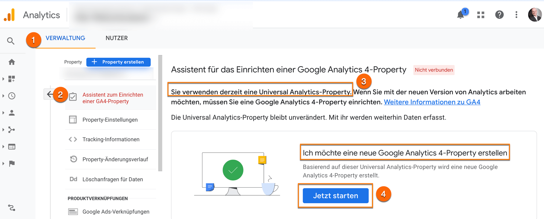 In der Verwaltung neue Google Analytics 4 (GA4) Property einrichten