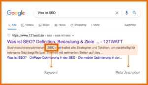 So sieht die Meta Description aus: grauer Text, der sich auf der SERP unter dem Title Link befindet. Das entsprechende Keyword wird gefettet