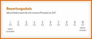 Auf einer Bewertungsskala geben Personen an, wie zufireden sie mit einem Produkt oder Service sind. Standardmäßig geht die Skala von 1 (extrem unzufrieden) bis 10 (extrem zufrieden)