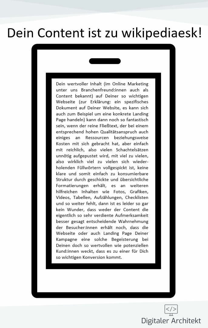 Du siehst ein Tablet mit einem sehr langen Text, der darstellt, dass Content unnötig in die Länge gezogen wird.