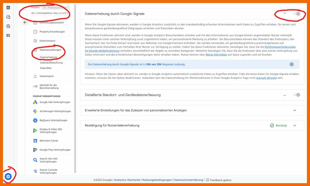 Hier siehst du die Einstellungsmöglichkeit für die Aktivierung von Google-Signale.