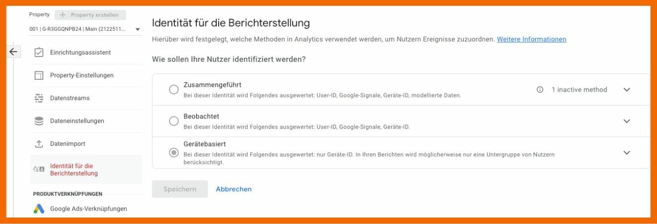 Hier siehst du die Einstellungsmöglichkeit in GA4 für die Identität der Berichtserstellung.