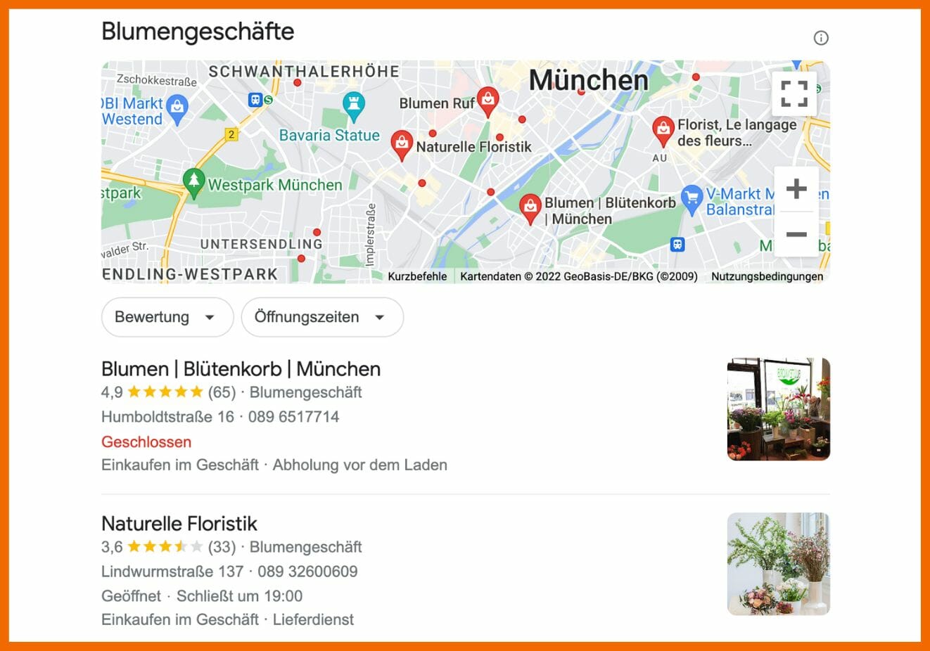 Du siehst einen Ausschnitt vom Local-Pack, wenn man nach "Blumengeschäft München" sucht.