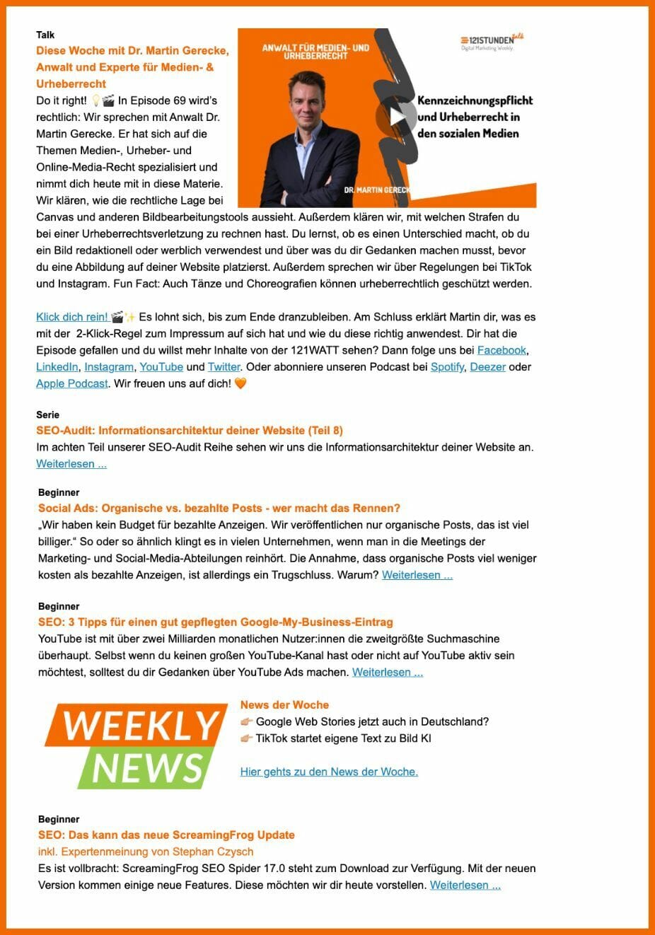 Hier siehst du den Newsletter der 121WATT mit der Anordnung in einer Spalte