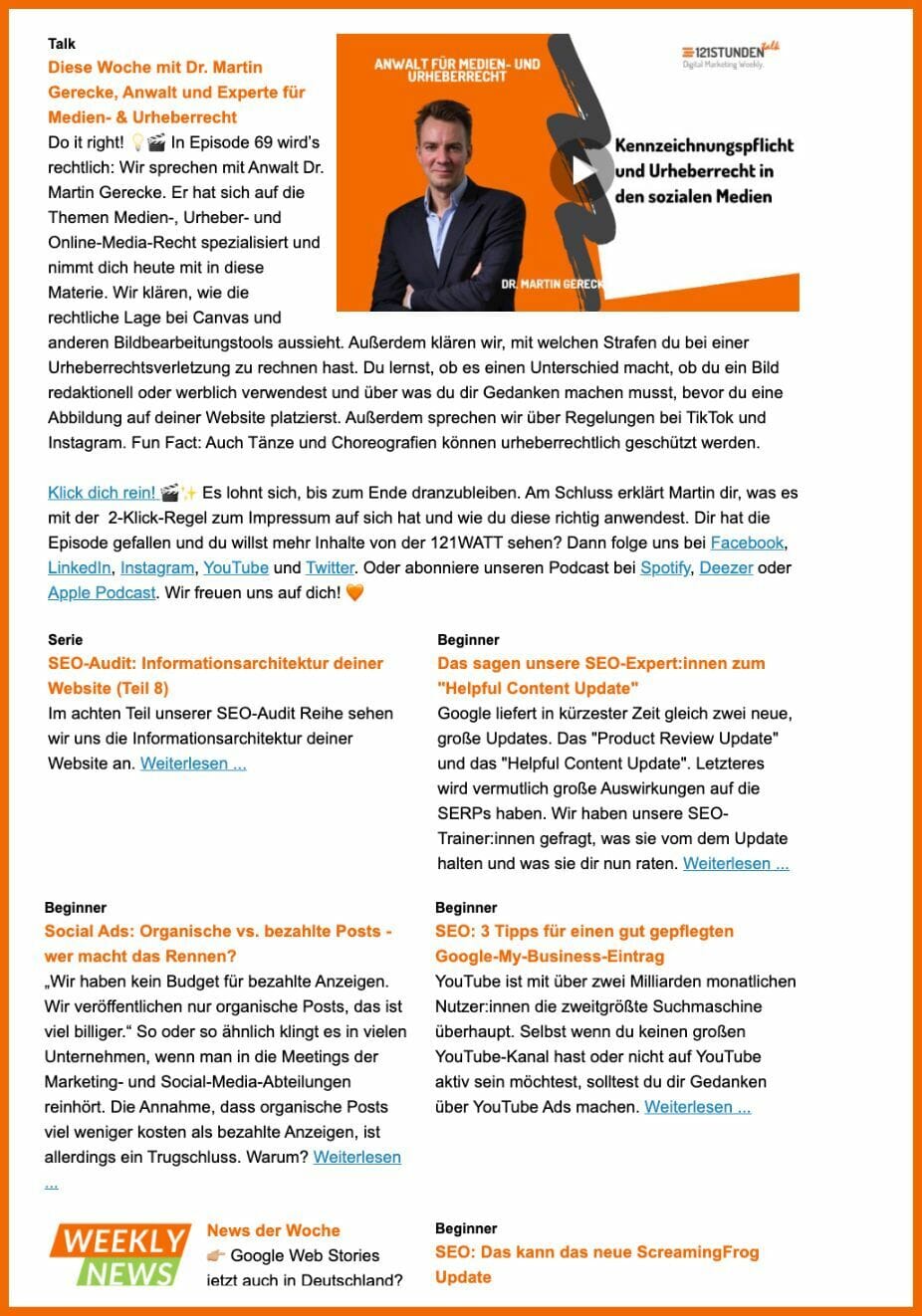 Hier siehst du den Newsletter der 121WATT mit der Anordnung in zwei Spalten.