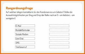 bei Rangordnungsfragen muss der Tester verschiedene Elemente in eine bestimmte Reihenfolge bringen, z.B. nach persönlicher Wichtigkeit oder Präferenz