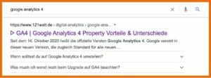 Snippet für ds Keyword "google analytics 4" hier sieht man einen Artikel der 121WATT aufgelistet