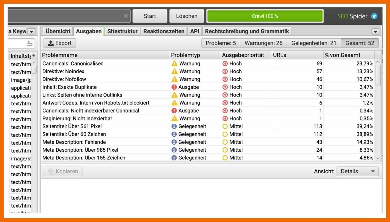 Die siehst den Ausgabentab vom Tool ScreamingFrog. Hierbei werden die Problemtypen angezeigt.