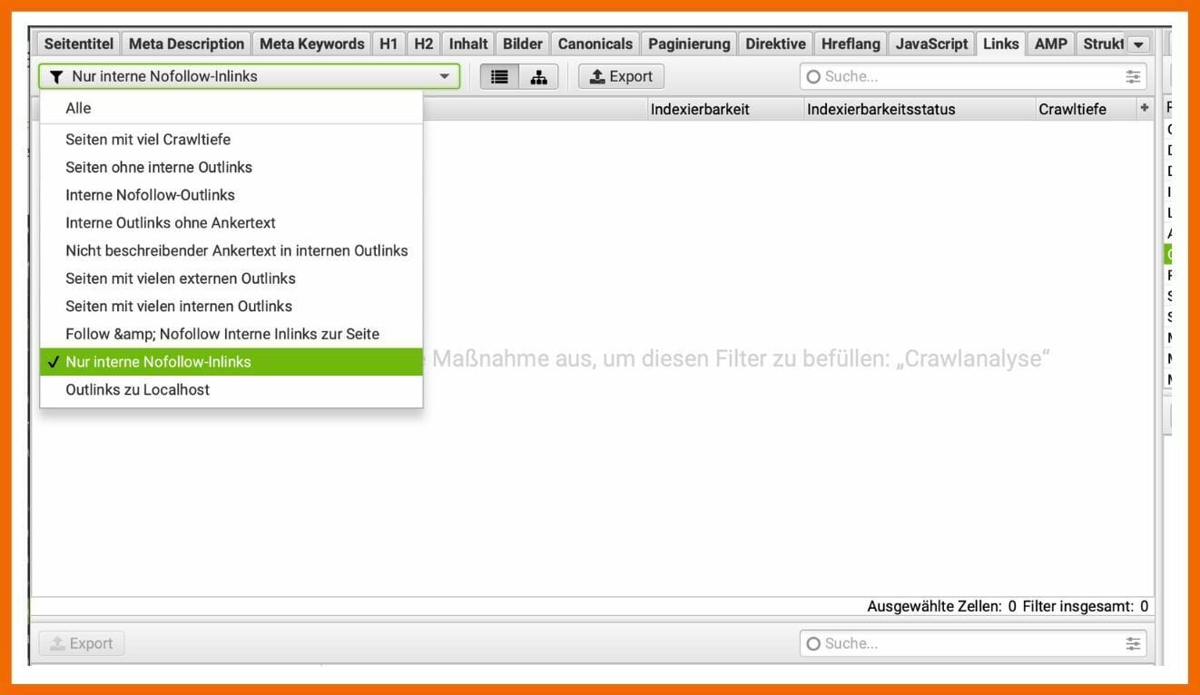 Hier siehst du, wo du im Tool ScreamingFrog die internen Nofollow-Inlinks findest.