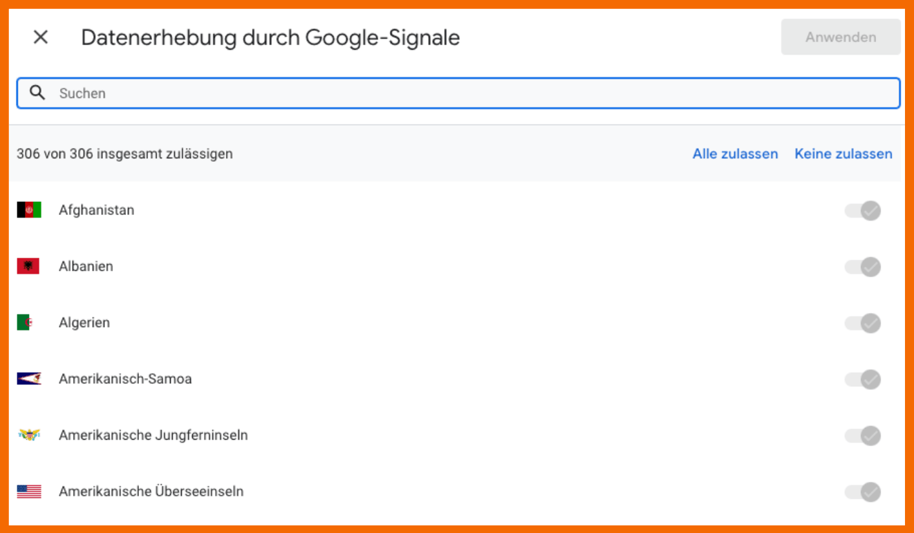 Hier siehst du die Auswahl der Regionen für die Datenerhebung durch Google-Signale.