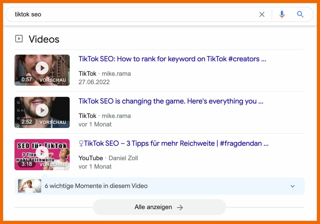 Du sieht Tiktok Videos in den Google SERPs.