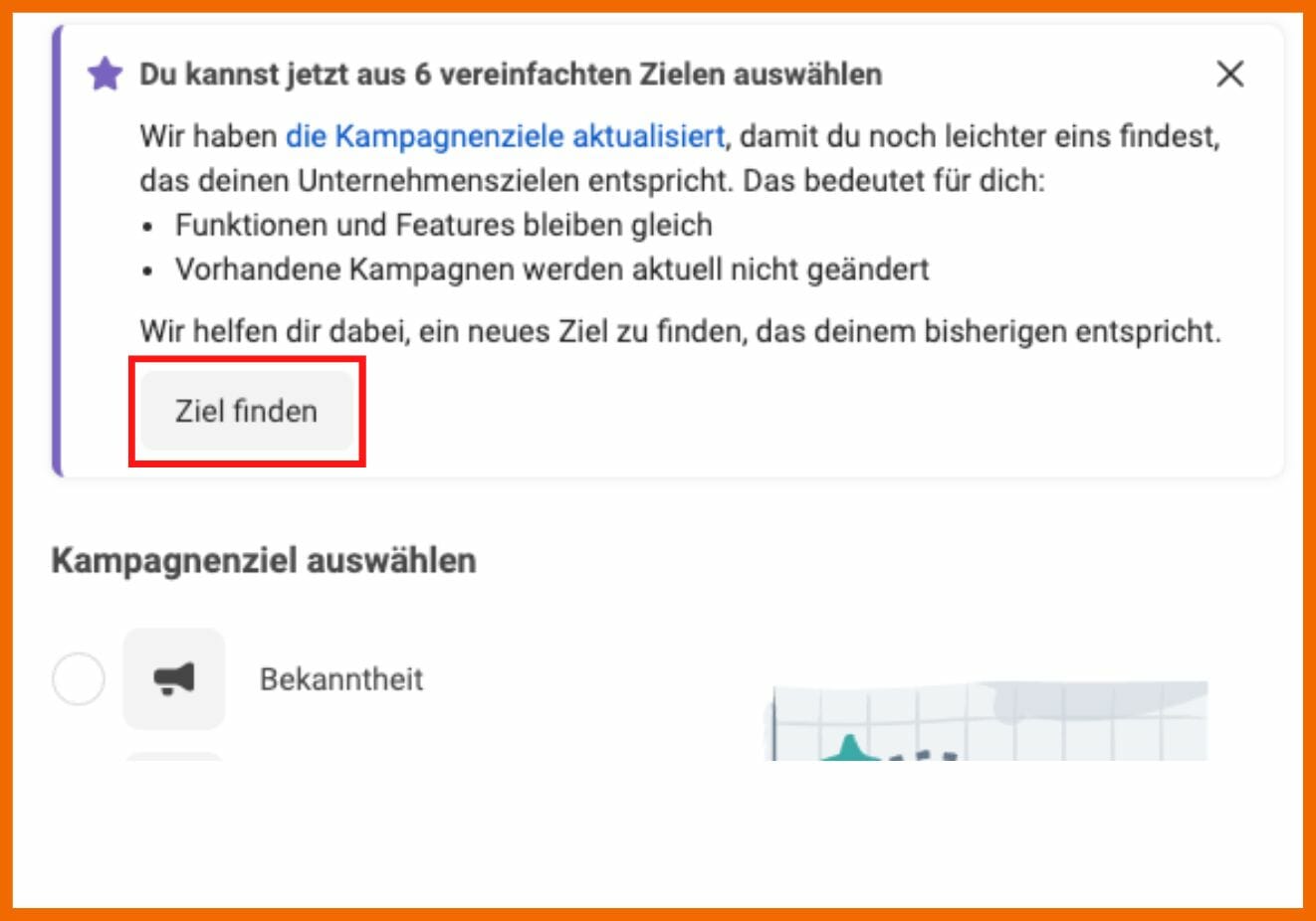 Hier siehst du, wo du den Button "Ziel finden" im Werbeanzeigenmanger findest.