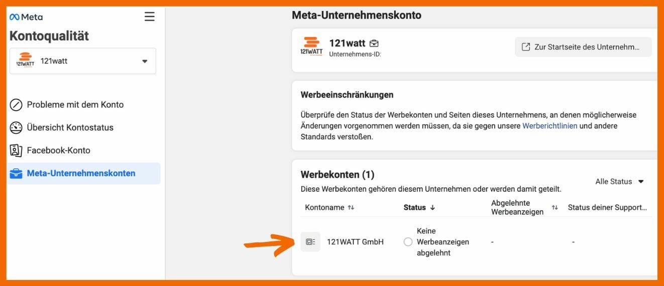 Hier siehst du den Bereich Kontoqualität von Meta.