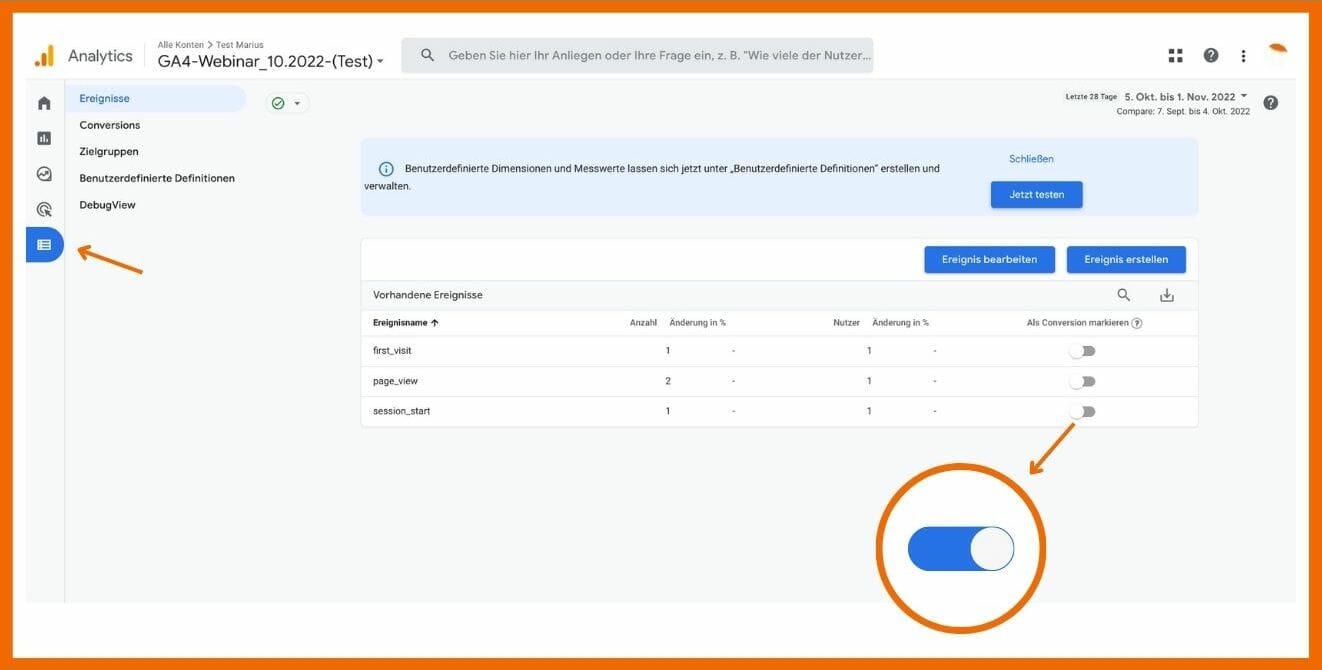 Ersignisse in GA4 als Conversions aktivieren: Das geht im Reiter Konfiguration.