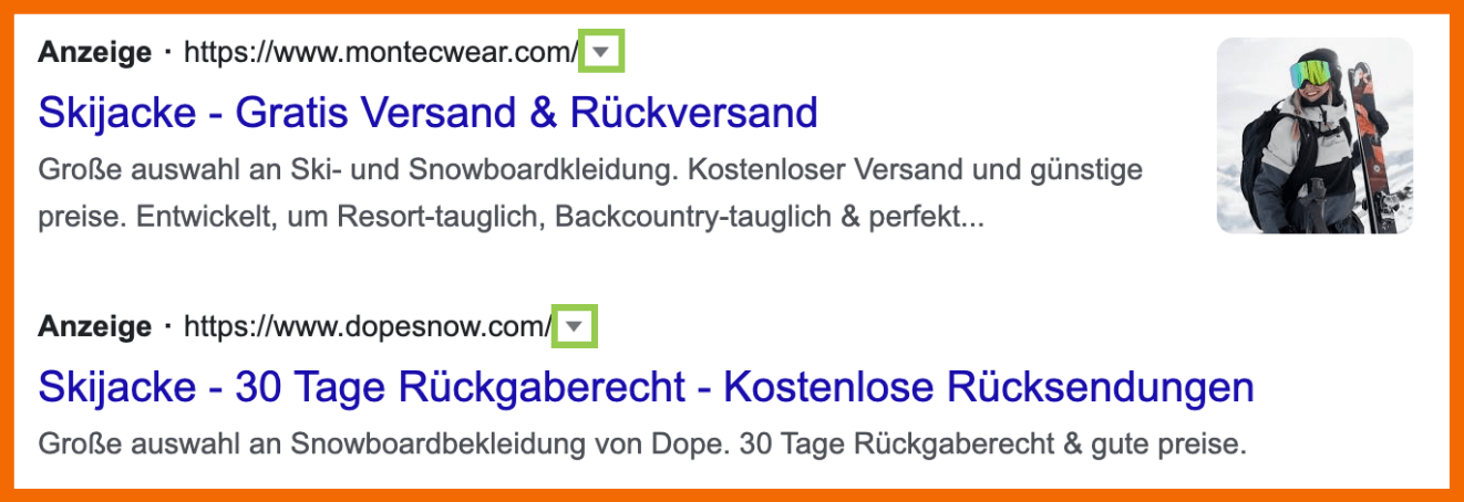 Hier siehst du beispielhaft die ersten zwei Anzeigen für die Google-Suche nach "Skijacken".