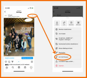 Fixiere Posts in deinem Instagram Kanal, indem du bei dem entsprechenden Bild auf die 3 Punkte und dann auf "Im Profil fixieren" klickst. 