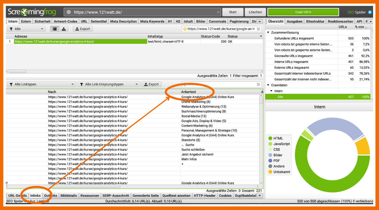Hier siehst du, wo du den Reiter Ankertext im Tool Screaming Frog findest.