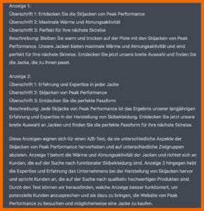 ChatGPT liefert 2 Anzeigen mit heweils 3 verschiedenen Überschriften und einer Beschreibung. Außerdem gibt es eine Erklärung zu beiden Varianten.