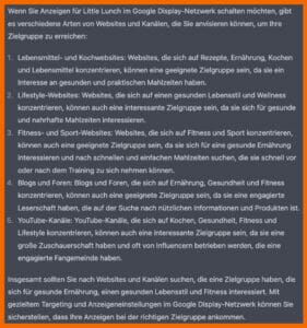 ChatGPT beschreibt, welche Arten von Kanäle man im GDN anvisieren sollte, wenn man die Mark Little Lunch ist und gibt jeweils Erklärungen dazu.