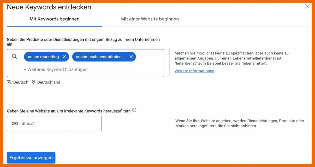 Beispiel für die Funktion "Neue Keywords entdecken": Mit Keywords beginnen