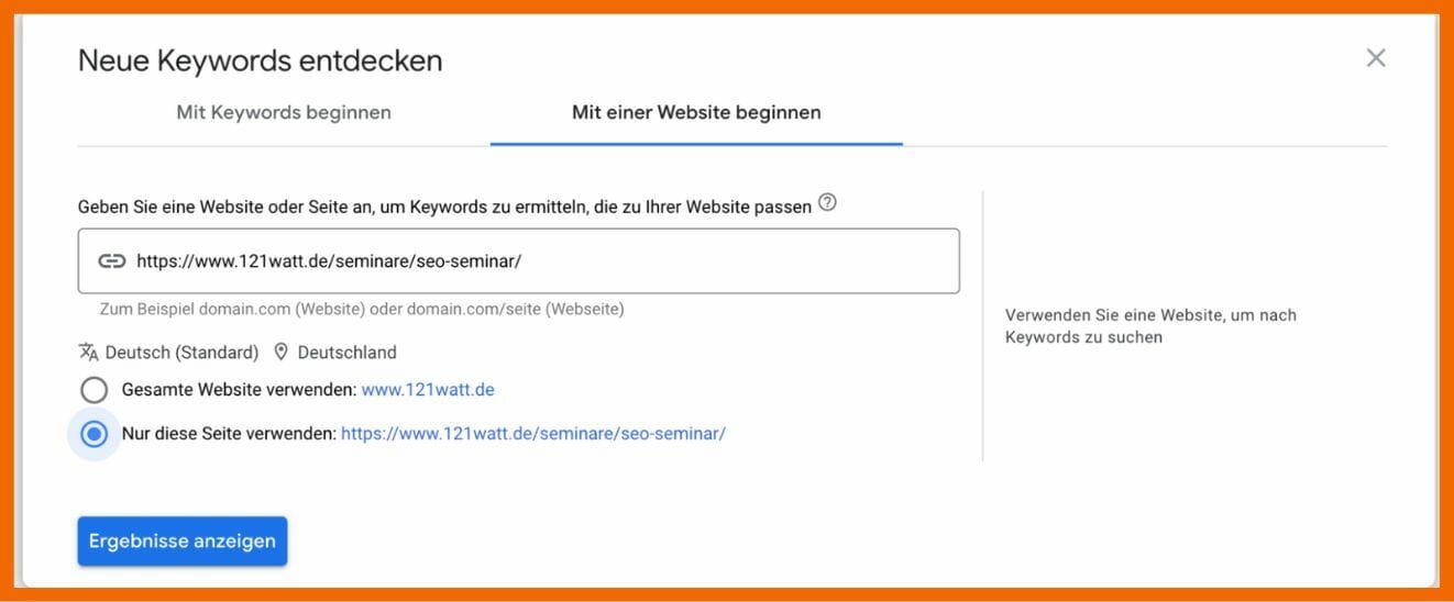 Beispiel für Funktion "Neue Keywords entdecken": Mit einer Website beginnen