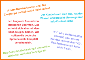 Typische Zitate im B2B SEO: "Unsere Kunden kennen uns! Die Zielgurppe im B2B sucht nicht online!", "Der Kunde kennt sich aus, hat das Wissen und braucht diesen ganzen Info-Content nicht.", "Ich bin ja ein Freund von deutschen Begriffen. Das scheint sich aber mit dem SEO-Zeug zu beißen. Wir sollten die deutsche Sprache nicht komplett verschandeln.", "XY wird vielleicht öfter gesucht, aber unsere Kunden nennen das YZ. Das Suchvolumen kann nicht 0 sein.", "Das Geschäft läuft sehr gut und online schließen wir keine Verträge ab!"