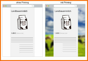 Beispiel für Priming: Website mit weißem Hintergrund vs. Website it Kuhweide als Hintergrund. Die mit Kuhweide wird eher als ökologisch angesehen, als die ohne.