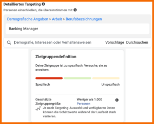 Das Bild zeigt das detaillierte Targeting im Anzeigenmanager. zu sehen ist die Zielgruppendefinition von der Berufsbezeichnung Banking Manager und der Hinweis, dass diese Zielgruppe zu spezifisch ist.